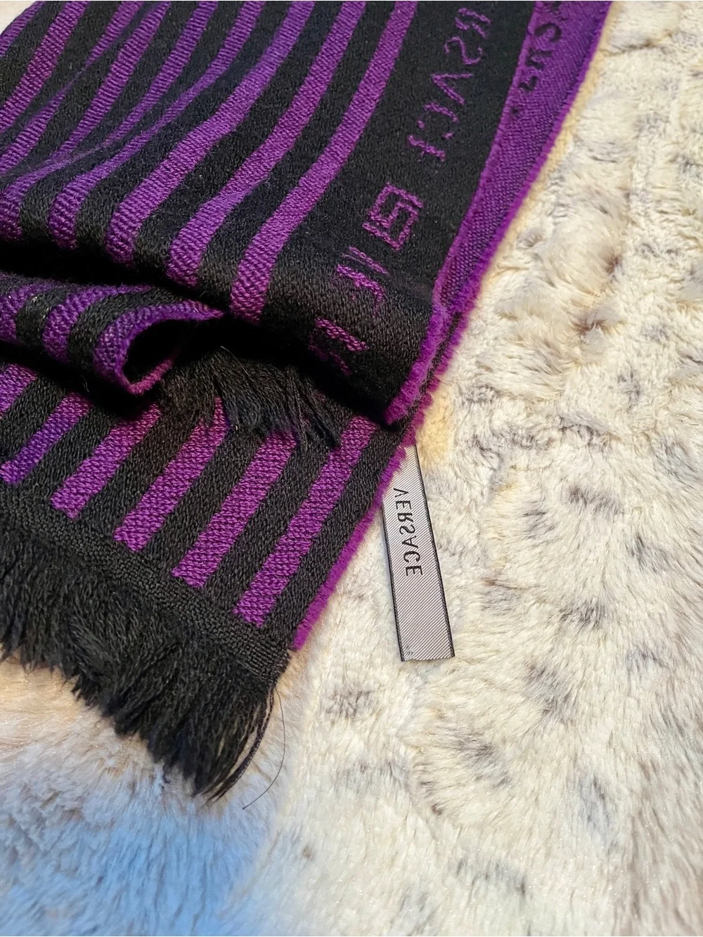 Vintage Versace Black and Purple Striped Fringe Scarf